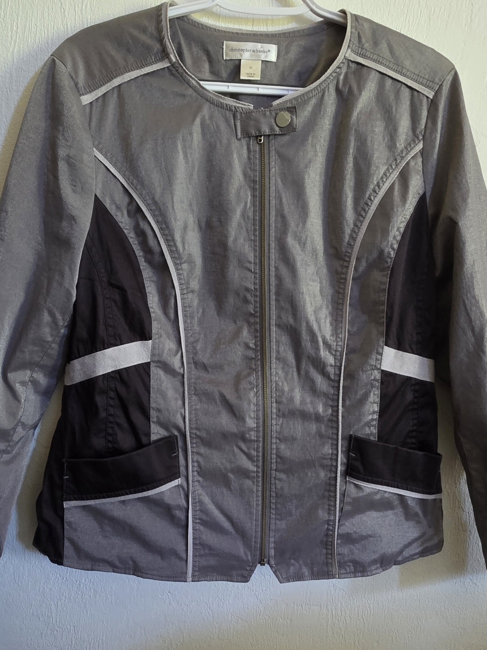 Christopher & Banks Metallic Gray Zip Up Moto Jacket Black Side Panels Size M